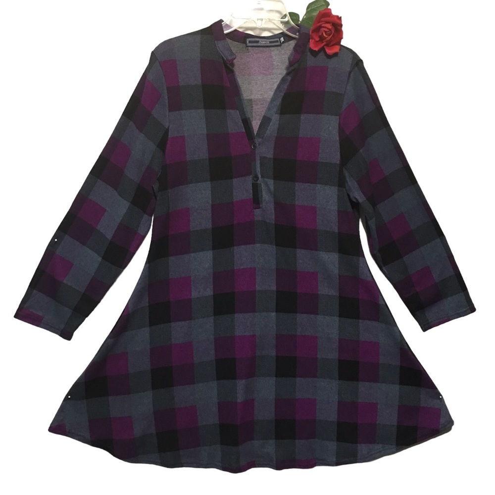 Plaid Tunic HIGHNESS 1X Fuchsia Pink Black Gray Long Sleeve Flared A lin…